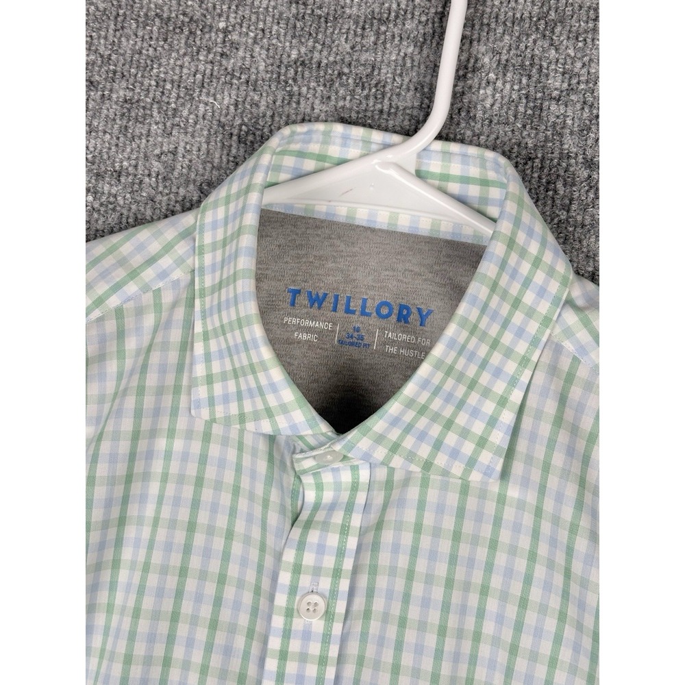 Twillory Performance Shirt Men 16 34-35 Tailored Fit Green Blue Check Coolmax